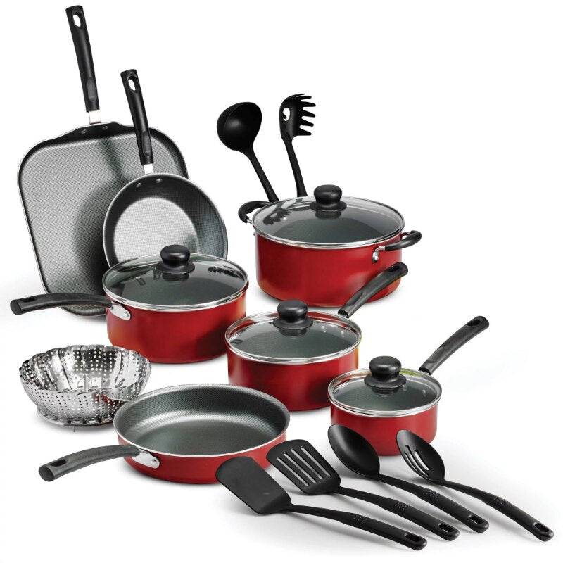 18 Piece Non-stick Cooking Pot Cookware Set, Steel Gray/Red Pots and Pans Set