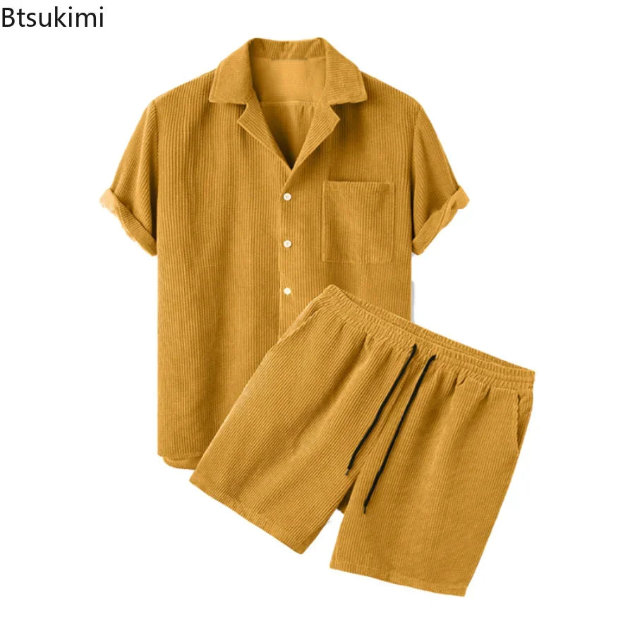 New 2024 Summer Men Corduroy Shorts Sets Fashion Lapel Short Sleeve Shirts +Shorts Solid 2 Piece Set Mens Casual Sportswear Sets 7