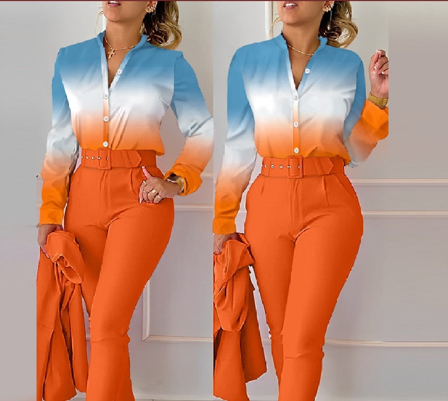 Women Shirt Pants Set Elegant Fashion V Neck Floral Print Long Sleeve High Waist Two Piece Set Office Lady Casual Trousers Suits