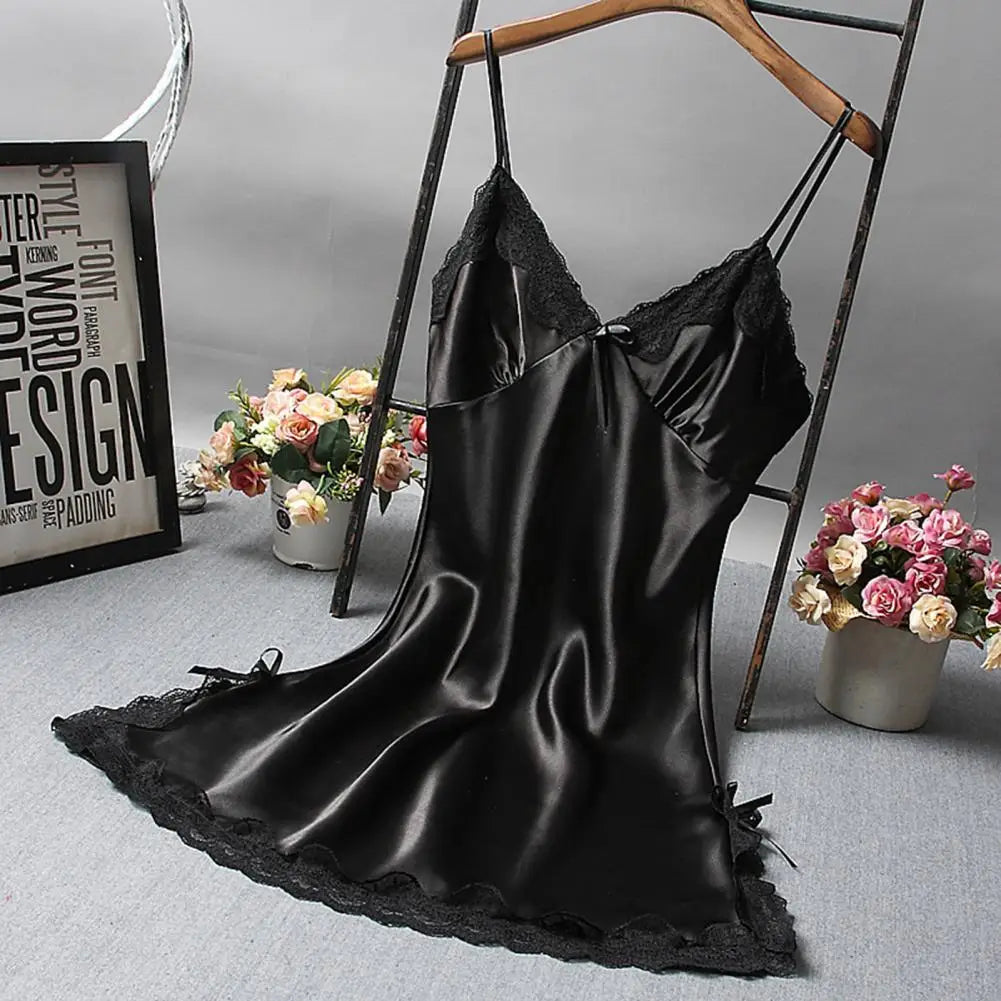 Women Nightdress Solid Color Satin V Neck Spaghetti Strap Backless Sleeveless Lace Patchwork Women Night Robe Women Garment freo