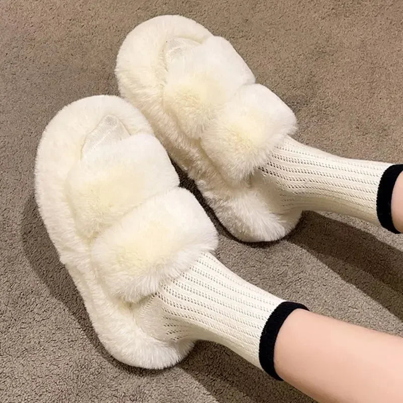 Winter Fluffy Slippers Women 2024 New House Home Fur Slippers For Women Flat Platform Cozy Fuzzy Indoor Shoes Korean Slides djam