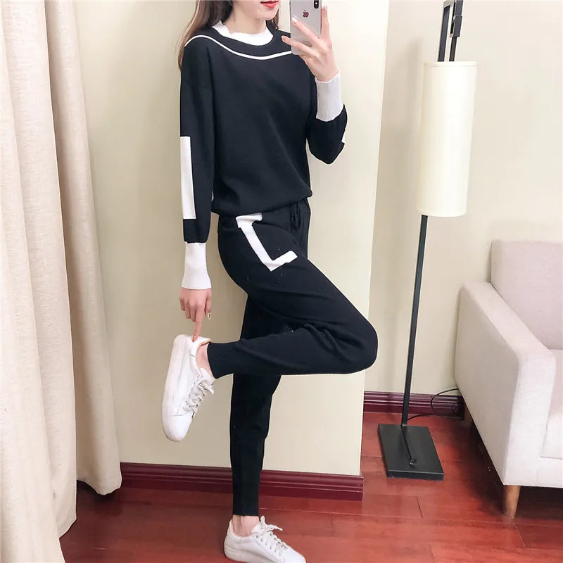 2024 Autumn Runway 2 Pieces Set Knitted Long Sleeve Pullovers Sweater Casual Patchwork Fashion Women Tops and Pants Suits Spring T18