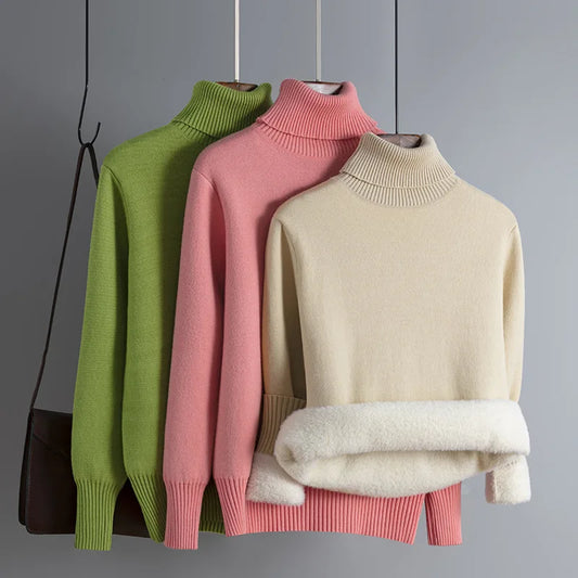 Winter Women's Oversize Turtleneck Thick Knitwear Solid-color Slim Sweater  Fashion Women's Fleece Pullovers Mink Cashmere siter