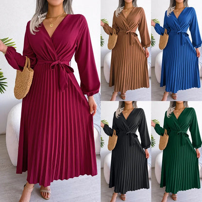 Women Summer Elegant Cross V-neck Swing Pleated Dress Long Maxi Loose Dress Ankle Length Solid Color 3k