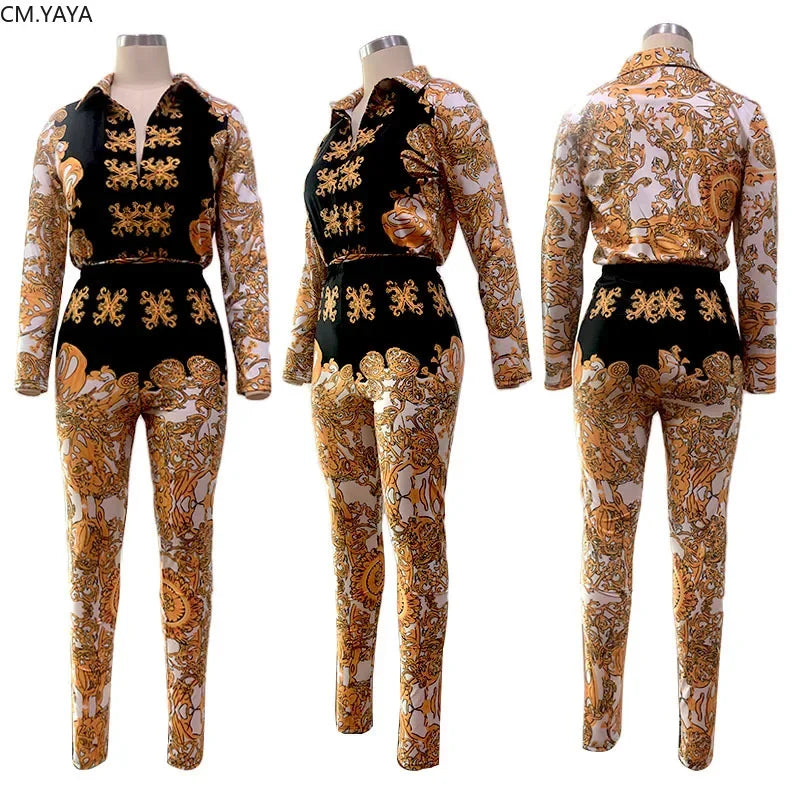 2019 Women Autumn Street Full Sleeve Print Bodysuit & Pants Suit Two Piece Set Casual Sexy Fashion Tracksuit Outfit