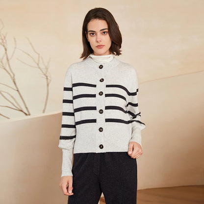 BC-267 Crewneck Single-Breasted Stripe Pure 100% Cashmere Clothes Knit Cardigan For Women's Autumn Sweater