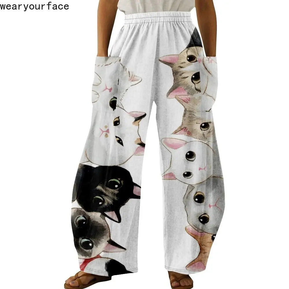 Wide Leg Pants Full Length Cute Kitty Cats Graphics Pattern Printed Hipster Fashion Summer Streetwear Trousers Women Clothing Gs