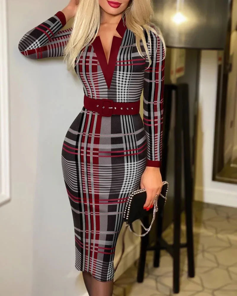 Wepbel Sheath Dress Women Sexy Slim Office Long Sleeve V-neck High Waist Dress with Belt Printed Plaid Lady Bodycon Midi Dress pour