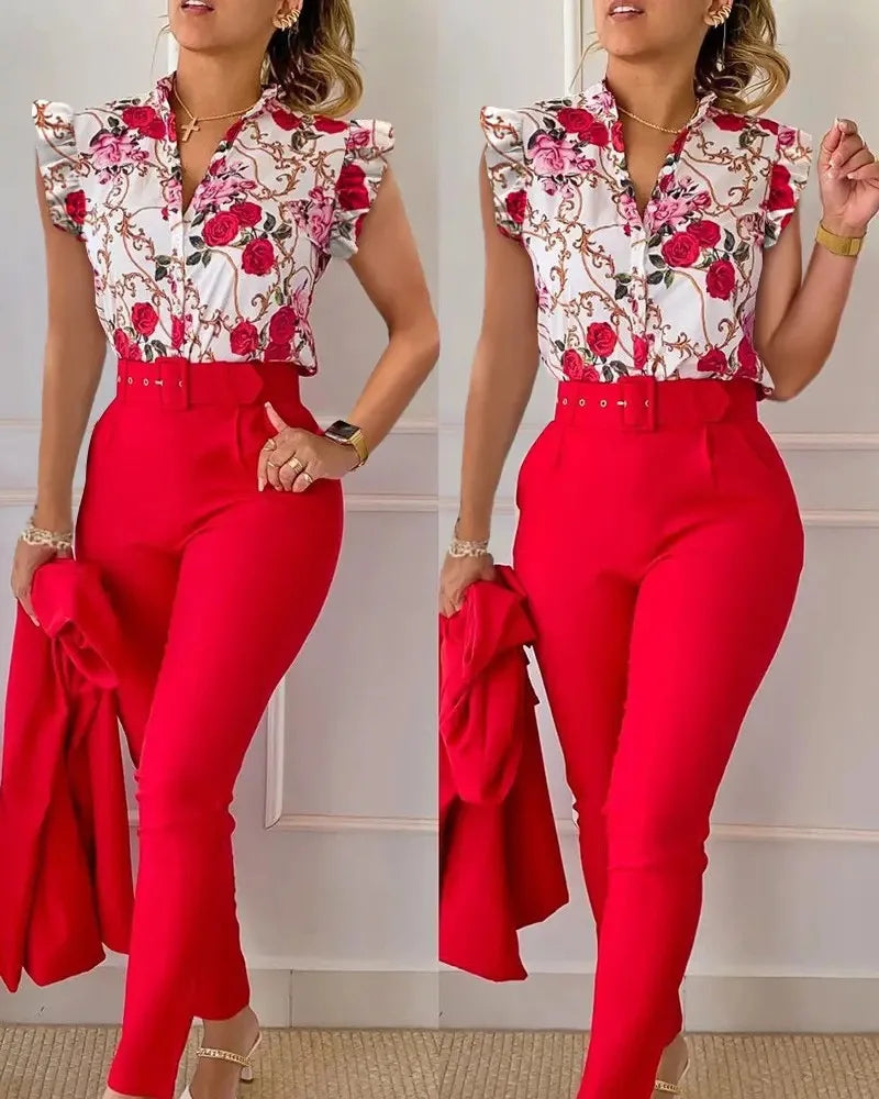 Summer Women's Flower Print Lotus Leaf Sleeve High Waist Pants Set Waist Belt Women's V-Neck Two Piece Set Work Suit Set wowo