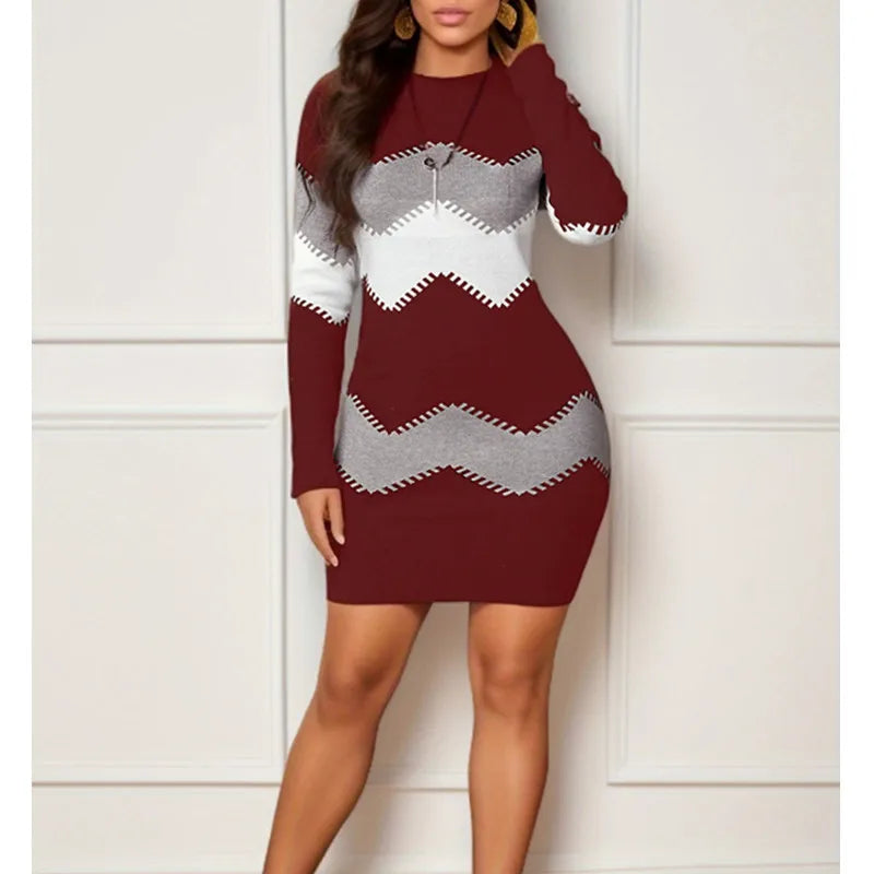 New Short Skirt Mid length Round Neck Long Sleeve Knitted Dress 4 kanpe