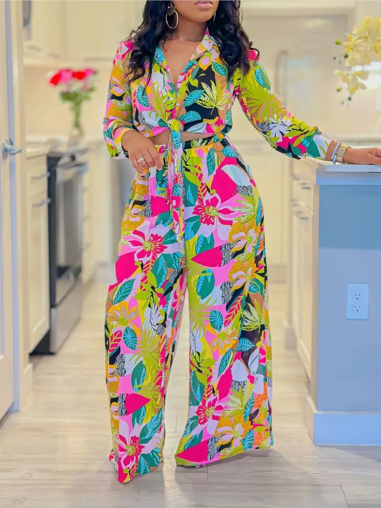 2024 Spring Summer New Long Sleeved Printed Suit For Women Fashion Lapel Single Breasted Shirt Wide Leg Trousers Two Piece Set wowo