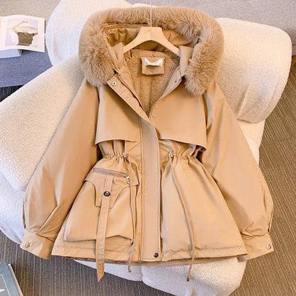 Women's Medium-length Waist-fitted Slimming Hooded Cotton-padded Jacket Warm Fleece Lining Korean Style Autumn/winter Coat