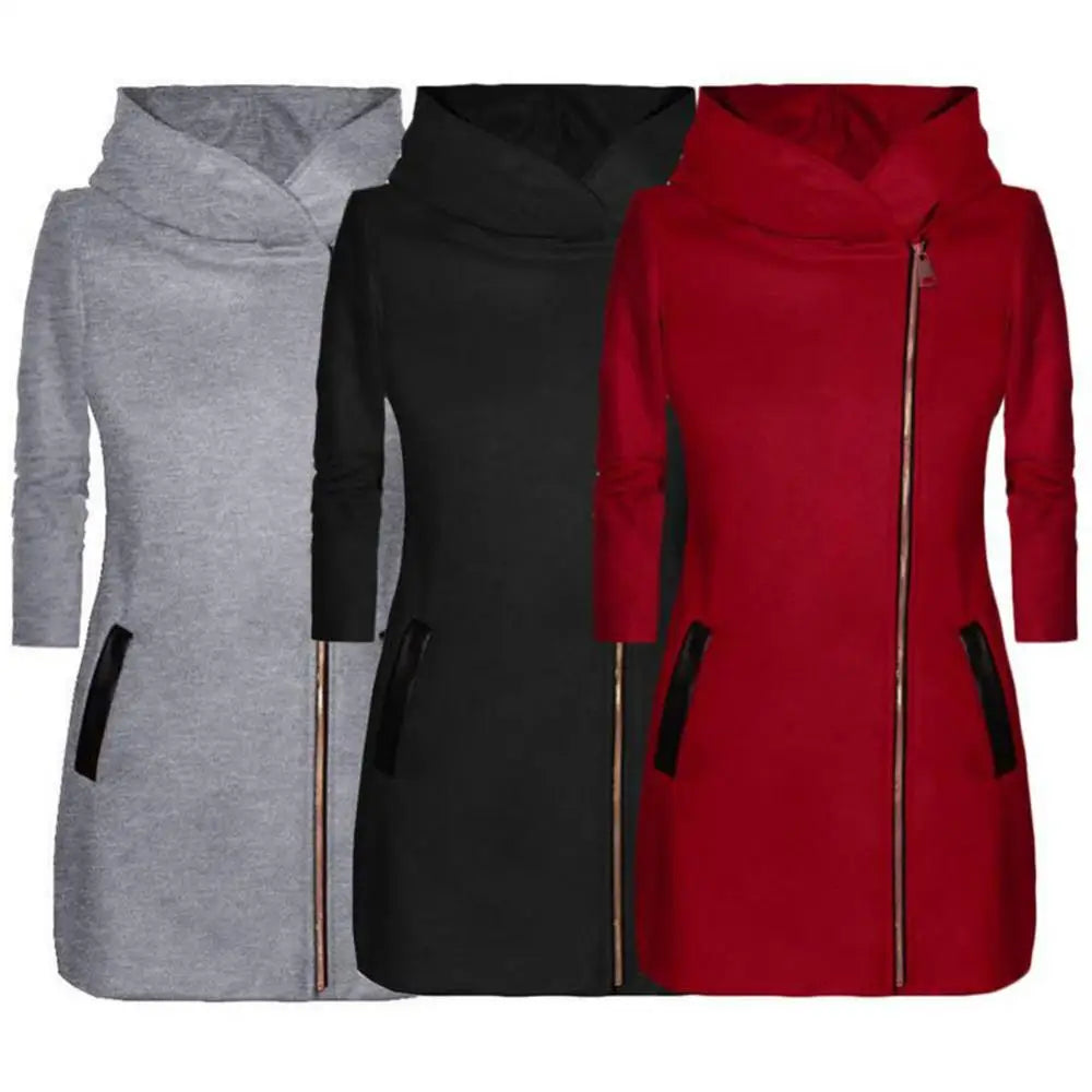 Autumn Winter Plus Size Fashion Women Coat Solid Color Zip up Long Sleeve Hooded Jacket Coat Outerwear Long Section Women's Coat