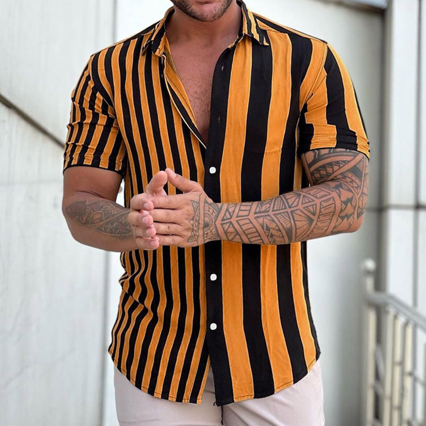 Summer New Men's Clothing Casual Men Stripes Printed Short Sleeve Turndown Collar Slim Hawaiian Shirt Cardigan Retro Trend Shirt