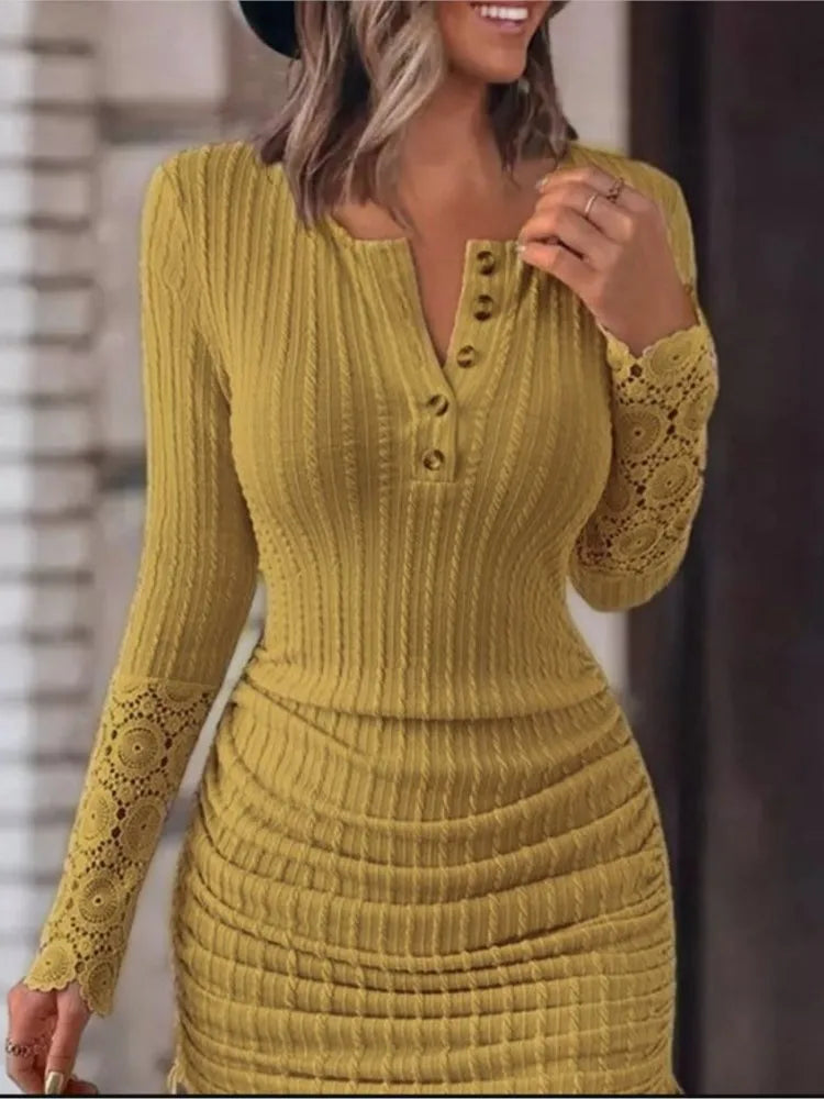 Fashion V-neck Long Sleeve Knitted Bodycon Lace Midi Dress Woman kps