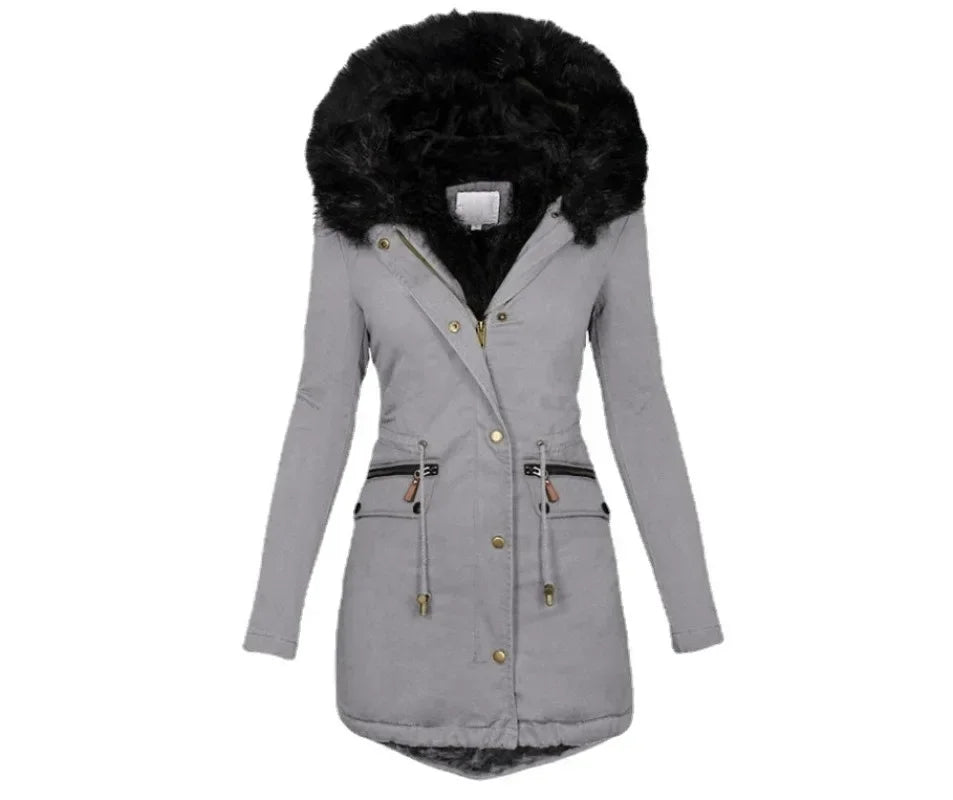 Womens Parkas  Autumn and Winter Solid Color Fur Collar Hooded Mid Length Warm Cotton Jacket for Women K2E