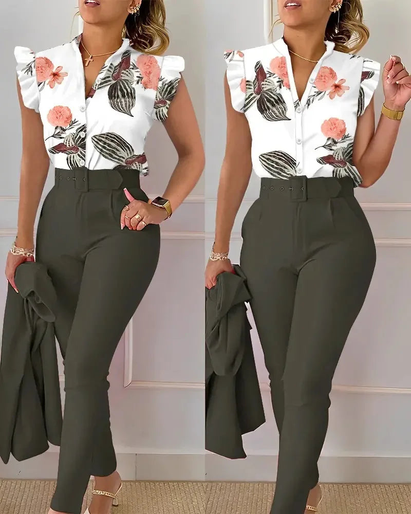 Summer Women's Flower Print Lotus Leaf Sleeve High Waist Pants Set Waist Belt Women's V-Neck Two Piece Set Work Suit Set wowo