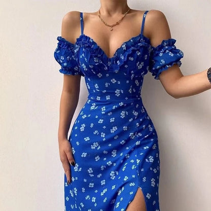 Women Elegant Off Shoulder V Neck Long Dress Sexy Sling Ruffle Strapless Slit Party Dress Spring Floral Print Slim Dress asu