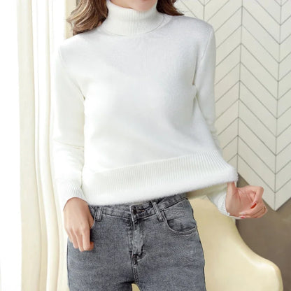 Winter Turtleneck Sweater Knitwear Women Elegant Thicken Velvet Lined Warm Sweaters Knitted Pullover Slim Tops Jersey Jumper New Gs