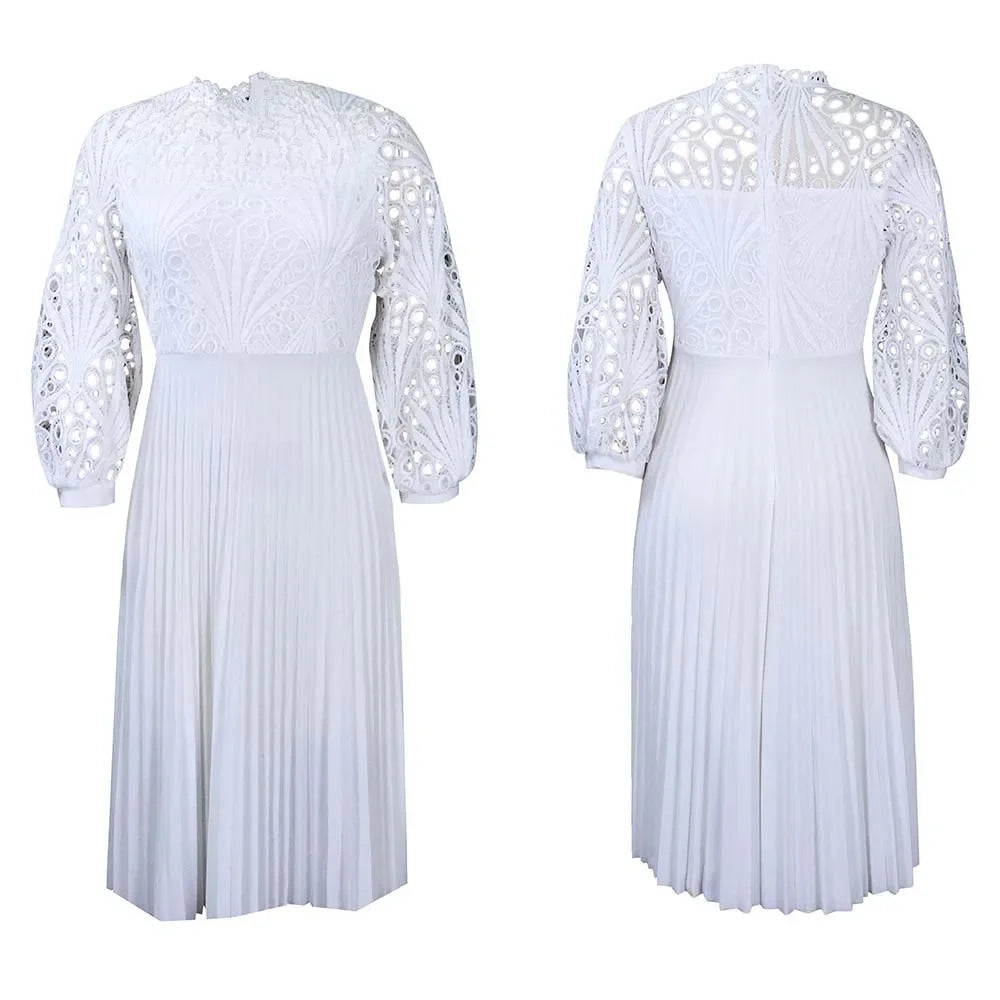 Elegant Lace Patchwork Pleated Hollow Out Sexy Women's Dress African Style Women's Clothing