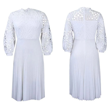 Elegant Lace Patchwork Pleated Hollow Out Sexy Women's Dress African Style Women's Clothing