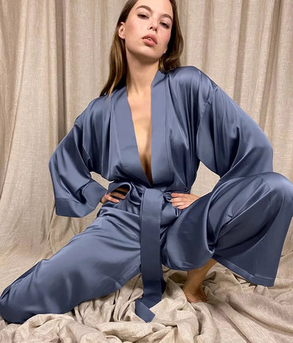 Pajama Sets Robes With Sashes Sexy Sleepwear Women Solid Satin Home Suit Wedding Night Silk Loungewear Loose Nightwear Pant Sets freo