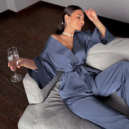 Pajama Sets Robes With Sashes Sexy Sleepwear Women Solid Satin Home Suit Wedding Night Silk Loungewear Loose Nightwear Pant Sets freo