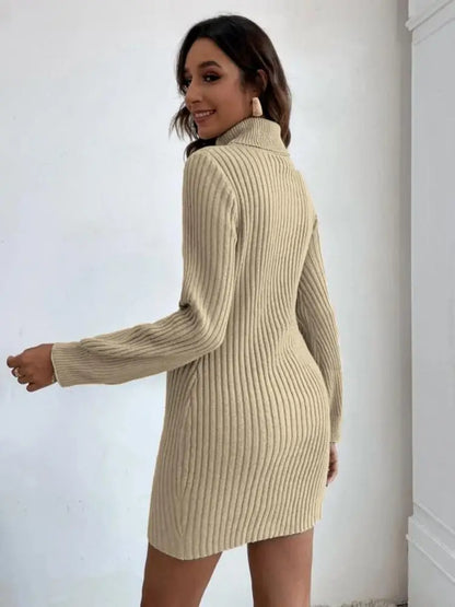 Autumn and winter women's fashion sexy solid color high neck long sleeve tight bag hip casual knitted short dress