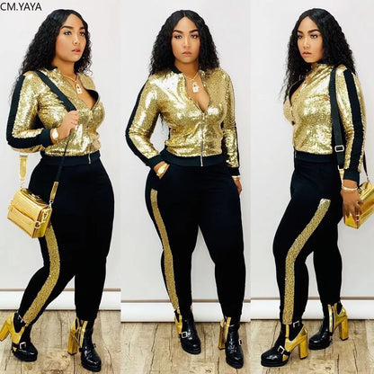 S-3XL Winter Women Set Full Sleeve Tracksuit Sequined Jackets Tops Pants Suit Two Piece Set Night Club Party Fall Outfit G5148