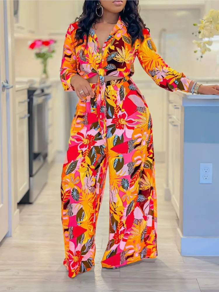 2024 Spring Summer New Long Sleeved Printed Suit For Women Fashion Lapel Single Breasted Shirt Wide Leg Trousers Two Piece Set wowo