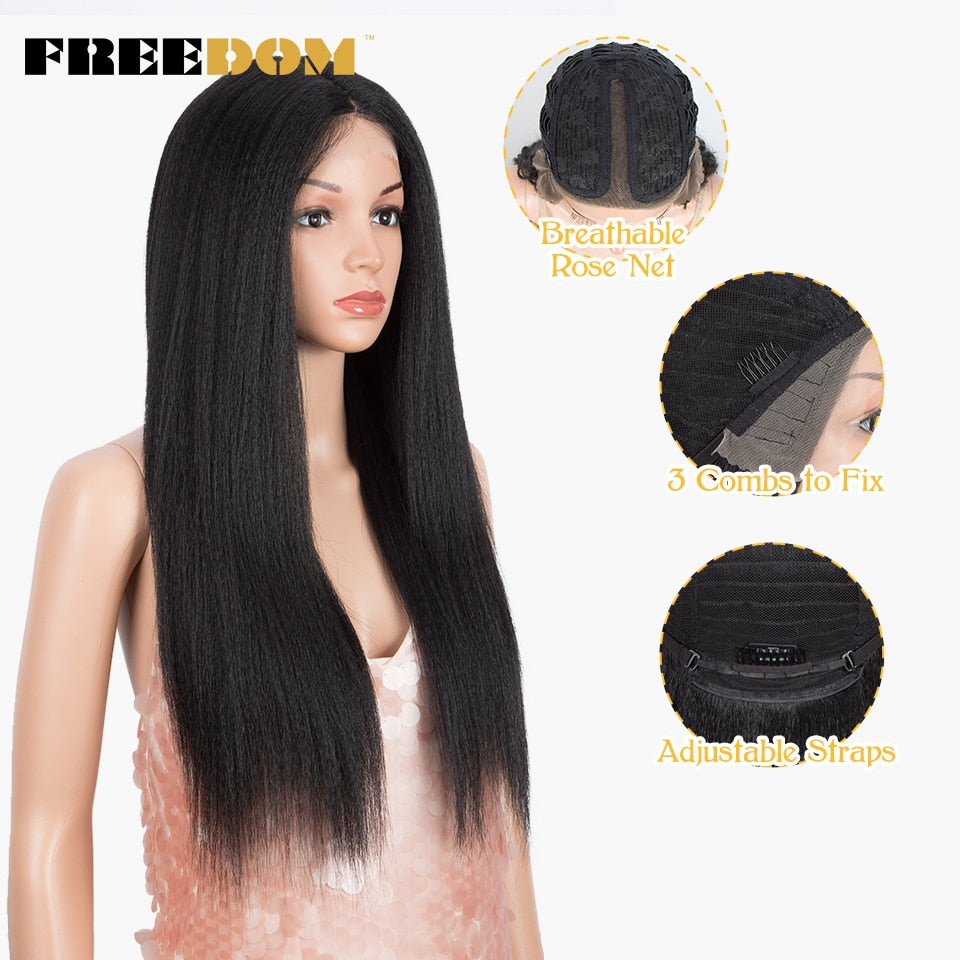 FREEDOM Synthetic Lace Front Wigs For Black Women Yaki Straight Long 26inch perruque Lace Wig Baby Hair Heat Resistant Fiber