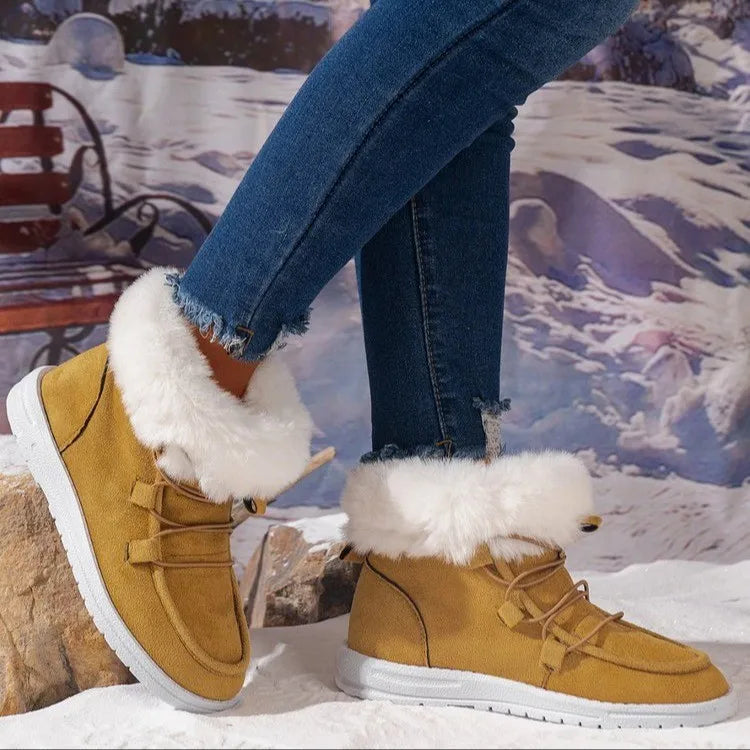 Women's Fashion Solid Color Snow Boots Casual Lace Up Plush Lined Boots Comfortable Winter Ankle Boots