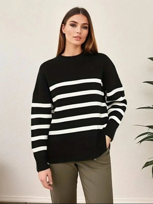 Ladies Striped Knitted Basic Thick Loose Winter Sweater Women Warm Pullover Tops Casual Streetwear Women Sweater Female Jumper 3k