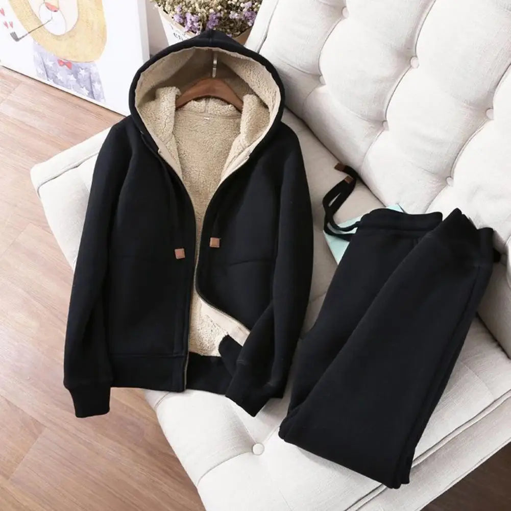 Women's Sweatshirt Pants Suit Autumn and Winter Warm Long-sleeved Fleece Thick Hoodie Coat Jogger Pants Sportswear Two-piece Set wowo