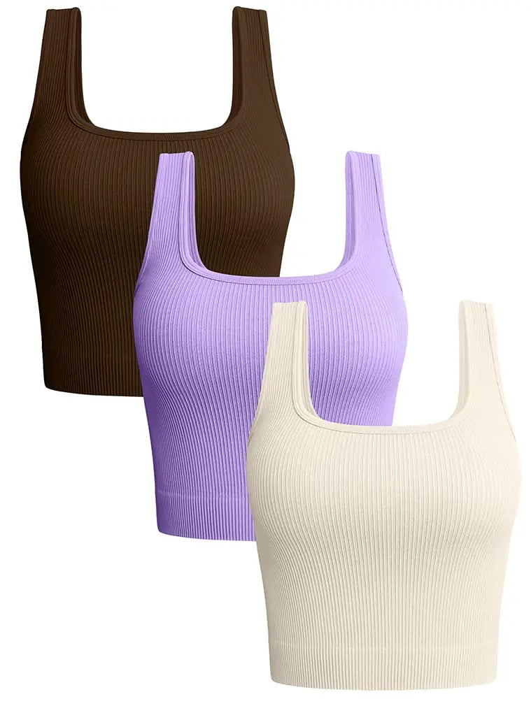 Women's 3 Piece Tank Tops Ribbed Seamless Workout Exercise Shirts Yoga Crop Tops asu