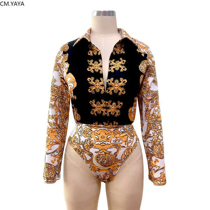 2019 Women Autumn Street Full Sleeve Print Bodysuit & Pants Suit Two Piece Set Casual Sexy Fashion Tracksuit Outfit