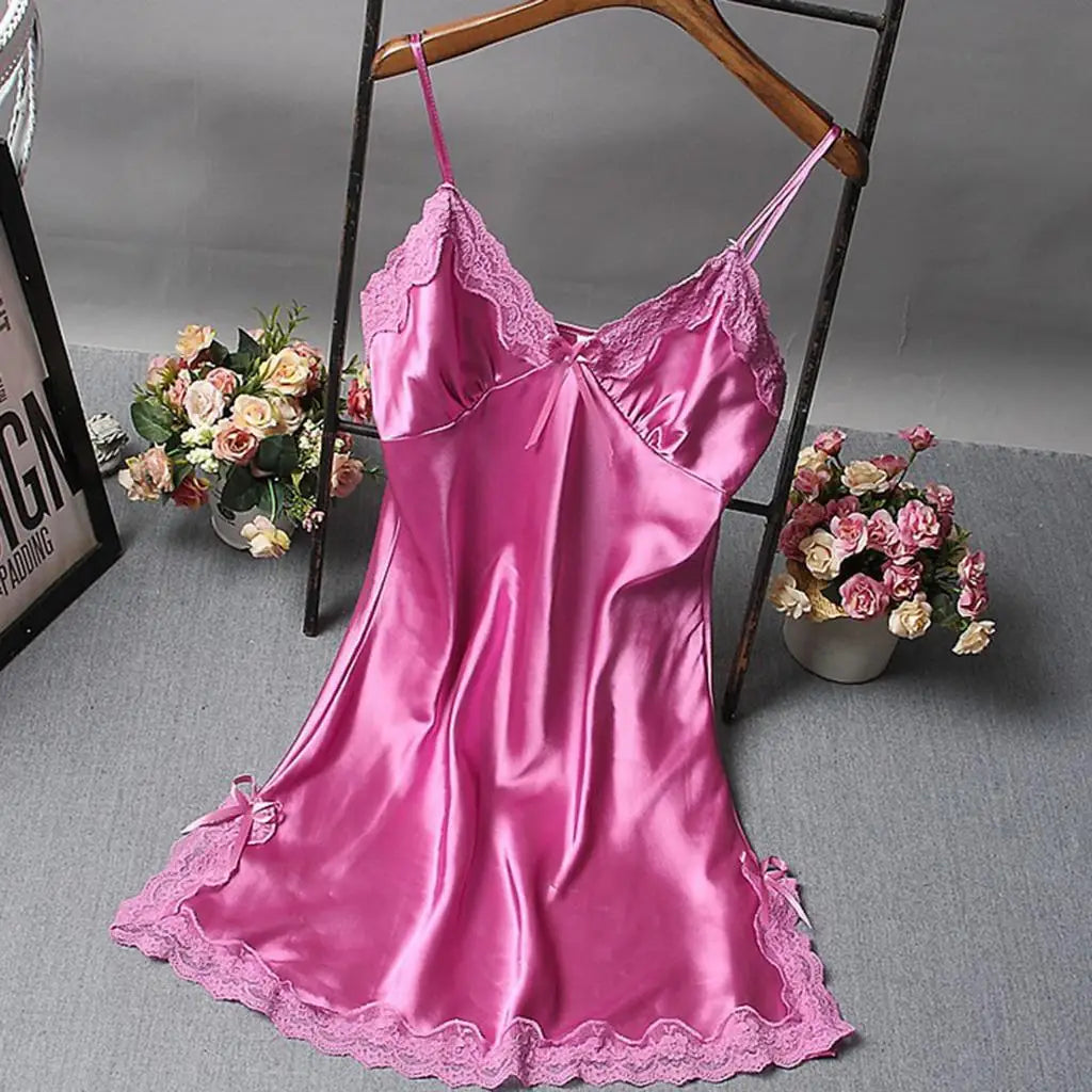 Satin Nightgown  Lace Bowknot Chemises Slip Dress For Women freo