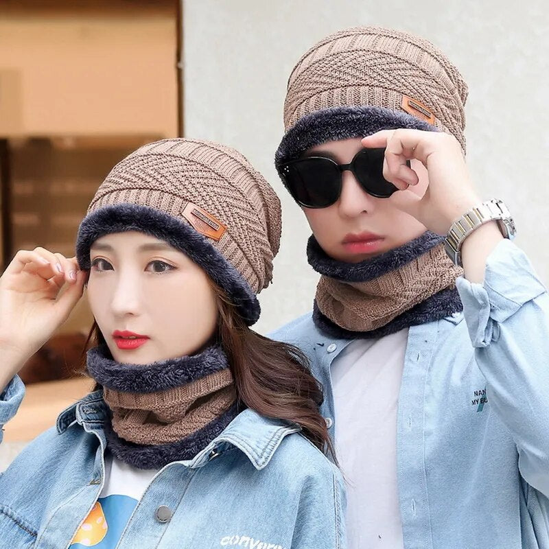 2pcs Ski Cap and Scarf Sets Winter Hat For Men Knitted Hat Thick Wool Neck Scarf Winter Cap Beanie Women Cap Balaclava Mask