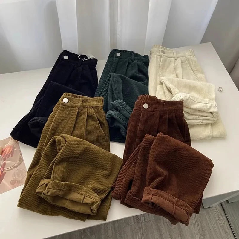 Retro High Waist Corduroy Pants Women Spring Fall Straight Causal Full Length Trousers Korean Fashion Baggy All Match Black Pant Gs