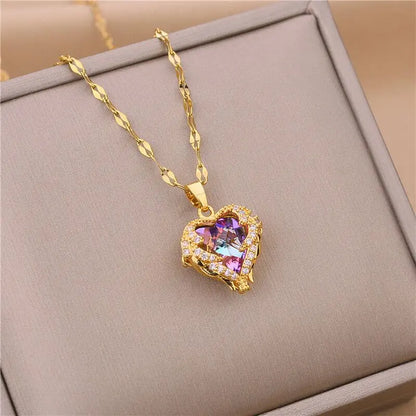 Top Luxury Colorful Crystal Ocean Heart Pendant Necklace For Women Trendy 316L Stainless Steel Jewelry Female Wedding Neck Chain Jari