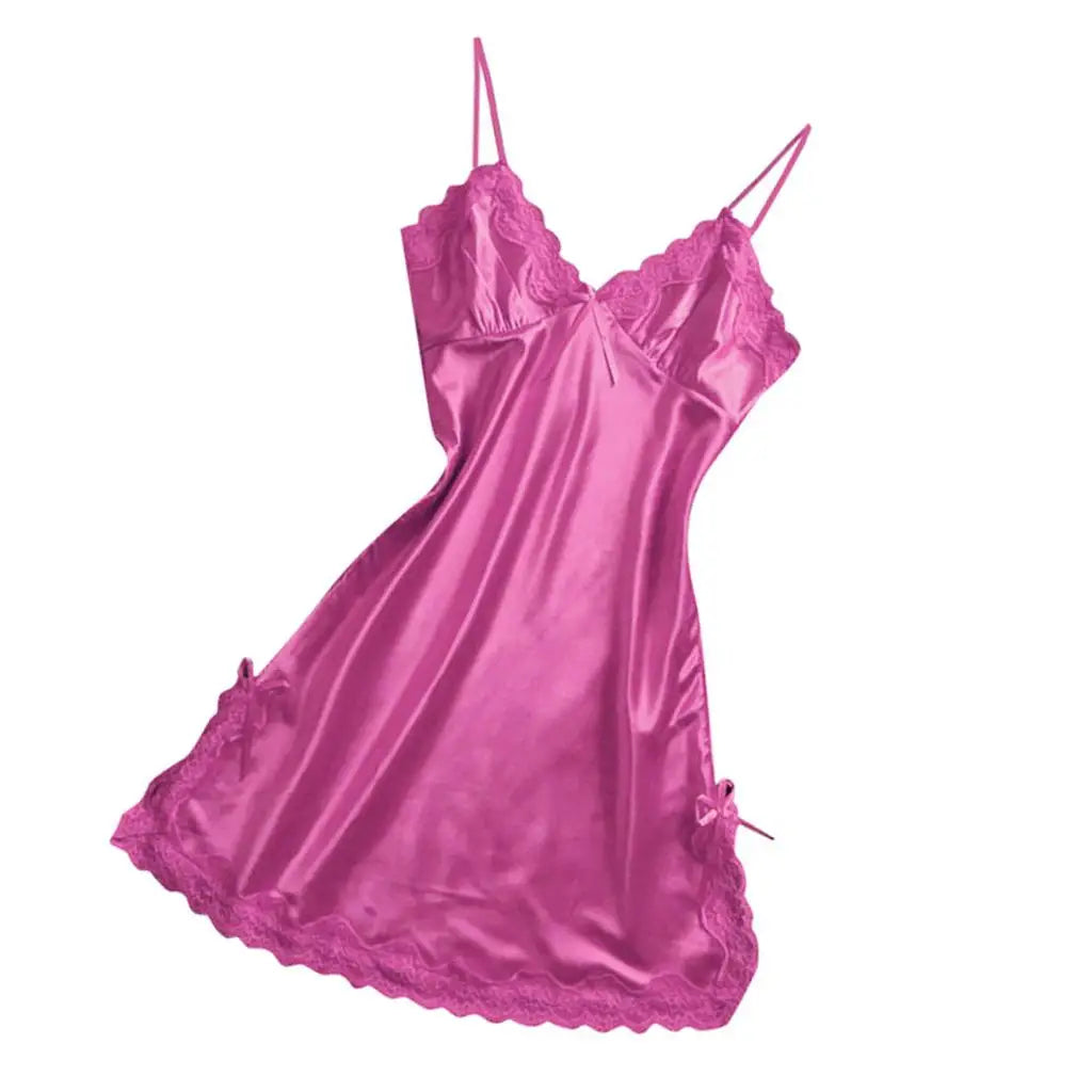 Satin Nightgown  Lace Bowknot Chemises Slip Dress For Women freo