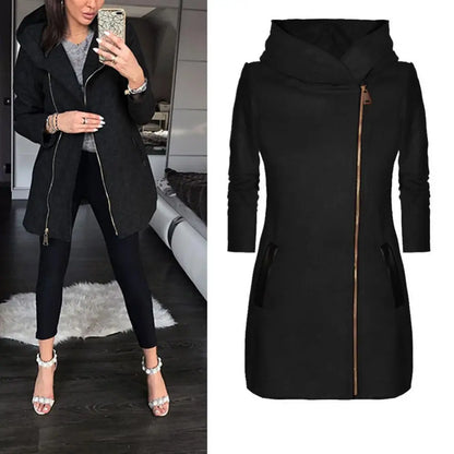 Autumn Winter Plus Size Fashion Women Coat Solid Color Zip up Long Sleeve Hooded Jacket Coat Outerwear Long Section Women's Coat