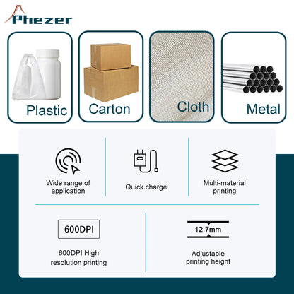 Phezer PC11plus Portable Printer QR Bar Batch Code Date Number Logo Expiry T-shirts 12.7mm Handheld Inkjet Printer Label Mini