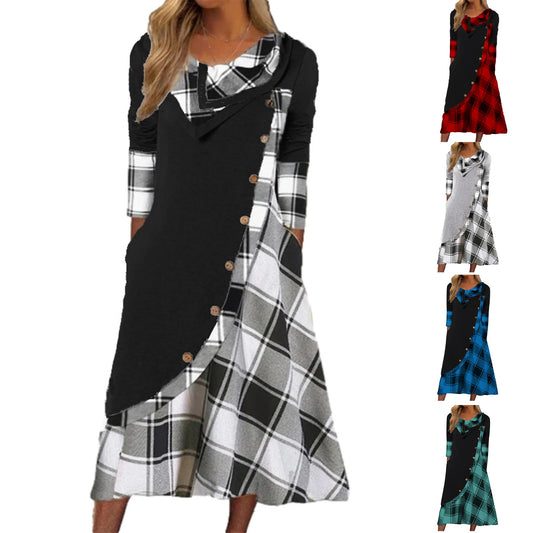 2024 Europe and the United States autumn new women's plaid patchwork button pocket pile pile collar long-sleeved dress women