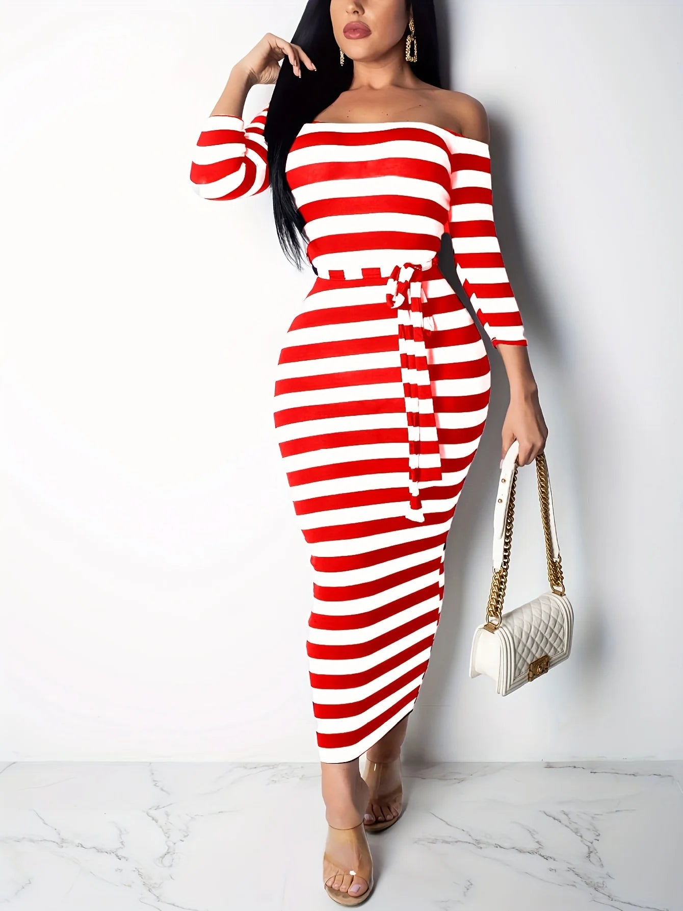 New 2024 Casual Women Dress Summer Striped Bodycon Midi Dresses Slash Neck Lace Up Three Quarter Pencil Dresses J17