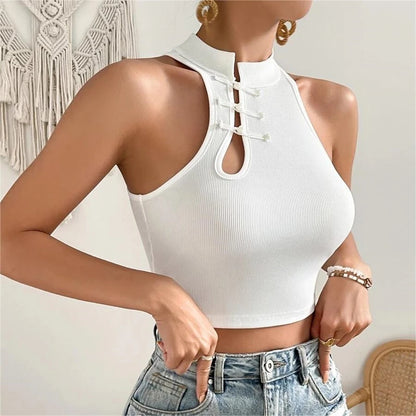 2024 New Fashion Women Vintage Button Tank Tops  Halter Tops O-Neck Elegant Crop Tops Off Shoulder Tops For Women 3k