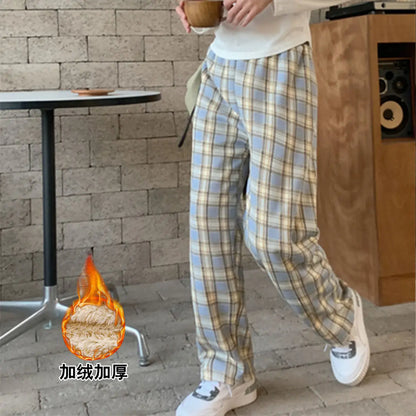 Velvet Warm Plush Pants 2024 New Thick Plaid Women Winter Casual Loose Wide Leg Trousers Korean Streetwear Straight Student Pant