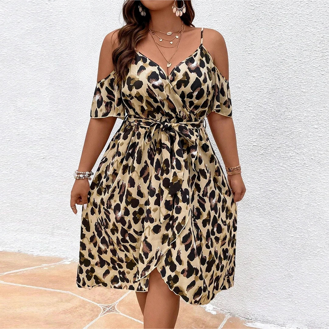 Plus Size Leopard Print V Neck Dress Casual Short Sleeve Slit Belted 2024 Dresses For Spring&Summer Women's Large Size Clothing