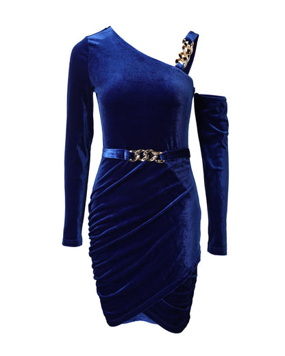 2024 Women Velvet One Shoulder Chain Decor Ruched Bodycon Dress 8&