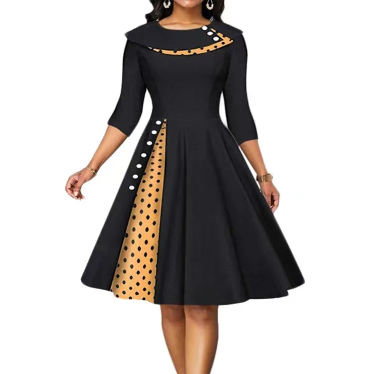 Autumn and Winter New Women's Clothing Retro Polka Dot Waist Skirt Dress Printed Round Neck Elegant Half Sleeve Party Dress